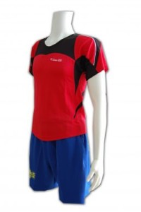 W066-3 訂造女裝排球衫套裝  女裝排球衫套裝來樣訂做 女裝排球衫套裝網上訂製 功能性運動衫專門店     紅色衣服  撞色藍色褲子